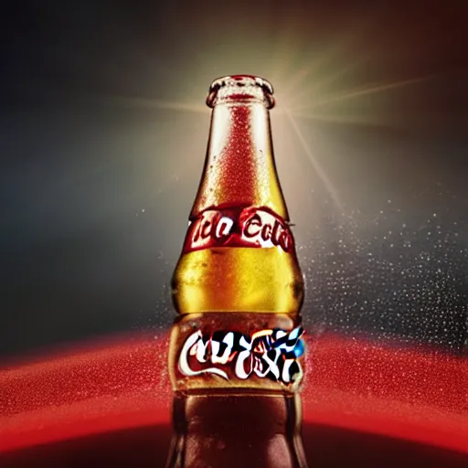 Image similar to advertising in the center of a bottle of coca - cola, droplets flow down the bottle, soft warm light, ultra - quality, super elaboration of details, play of light, yellow light shines through, focus unreal engine 5,