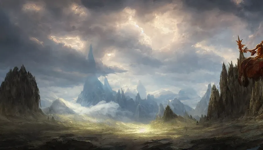 Image similar to excellent painted ancient daemon in an epic landscape in another dimension with fluffy clouds, painted by Hans Fredrik Gude, Greg Rutkowksi, Craig Mullins and Artgerm, concept art 2022, 4k, ultra realistic highly detailed oil painting