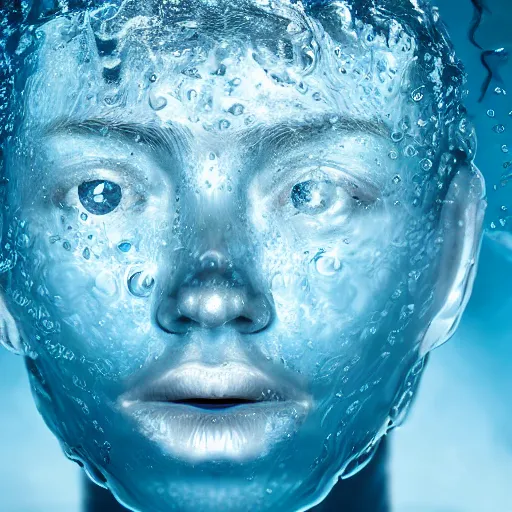 Prompt: water artwork manipulation in the shape of a human head, on the ocean water, ray tracing, realistic water sharp focus, long shot, 8 k resolution, cinematic, water art photoshop