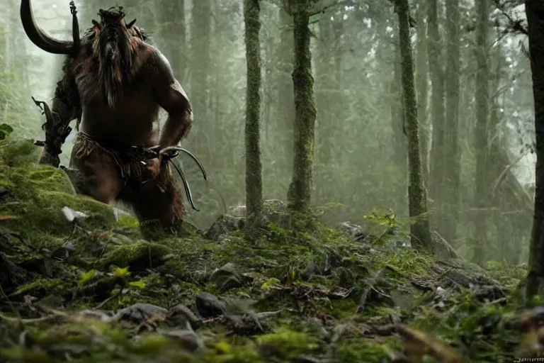 Image similar to vfx movie closeup detailed ancient warrior orc hunting elk in the forest, natural lighting by emmanuel lubezki