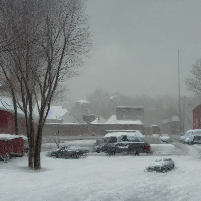 Prompt: a beautiful painting of a small new england town engulfed in a noreaster blizzard by rutkowski and rockwell, detailed, art gallery quality, cinematic lighting