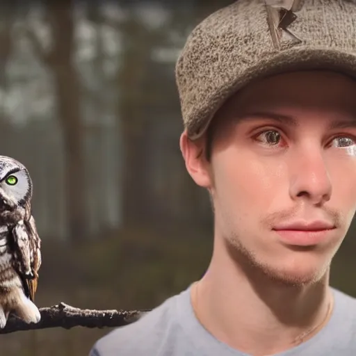 Image similar to 8 k cinematic, wow stinking portrait of a young dude 2 3 years old, with owl