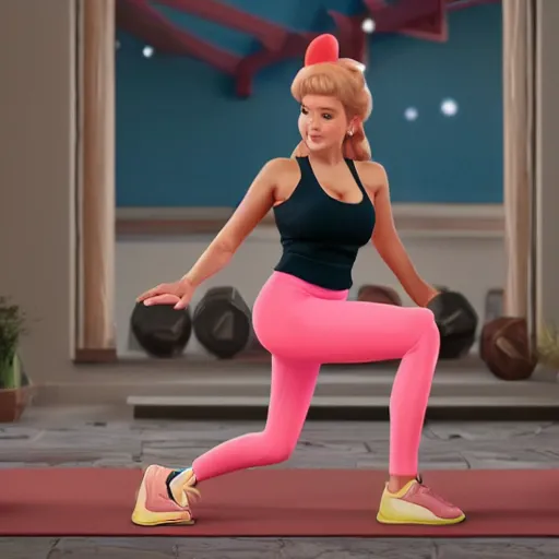 Prompt: live action extremely adorable Princess Peach in tight sports bra, and yoga pants, working out with Mario. Award winning photograph, trending on artstation, 4k