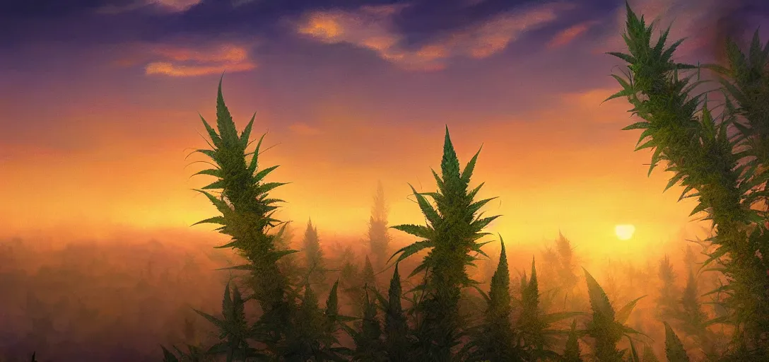 Image similar to an amazing deep painting of a marijuana world, intricate detail, sunset, idyllic, serene, volumetric lighting, 8 k, photorealistic, digital art trending on artstation