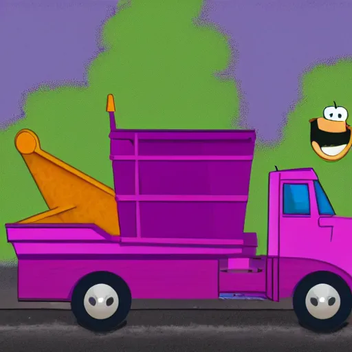 Prompt: A purple garbage truck driving the street with Bob Sponge