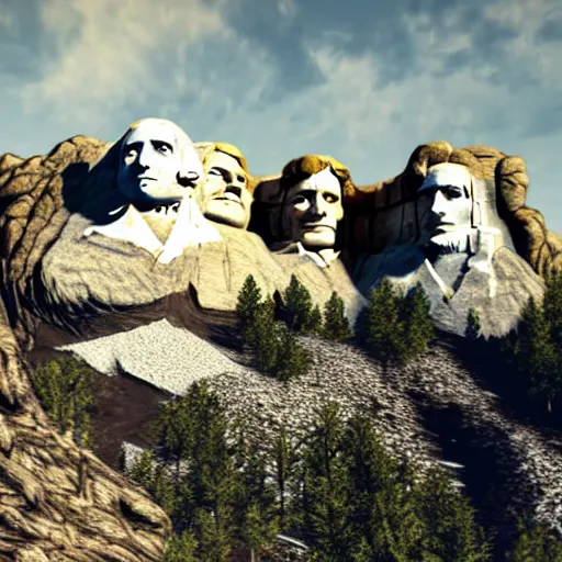 Image similar to mount rushmore in ruins post - nuclear war in fallout 4, in game screenshot