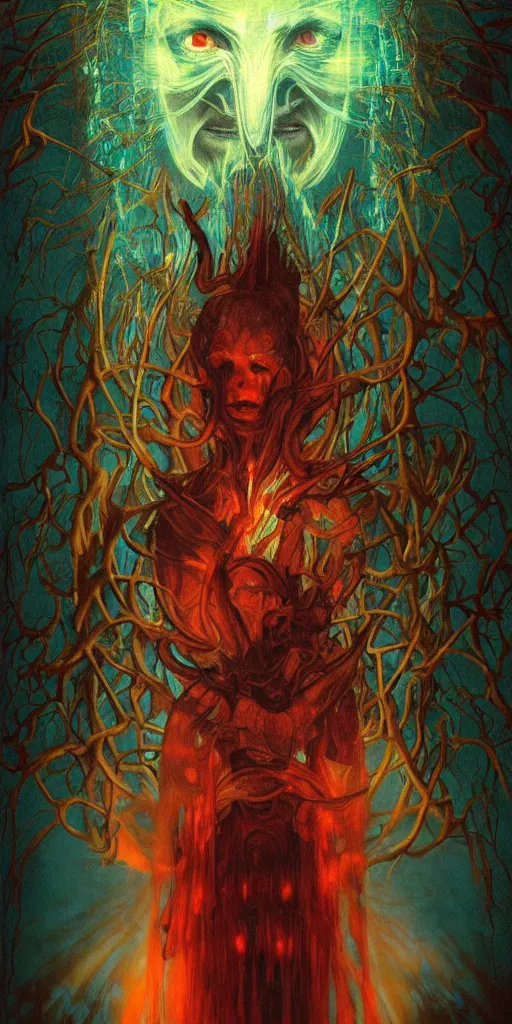 Prompt: intense snarling glowing pagan god with ram horns and veins and intense glowing eyes in very dark forest by karol bak and beksinski and alphonse mucha, portrait, fantasy, clear, light beams, lens flare, intense, uhd, red and teal and yellow, amazing depth, cinematic lighting