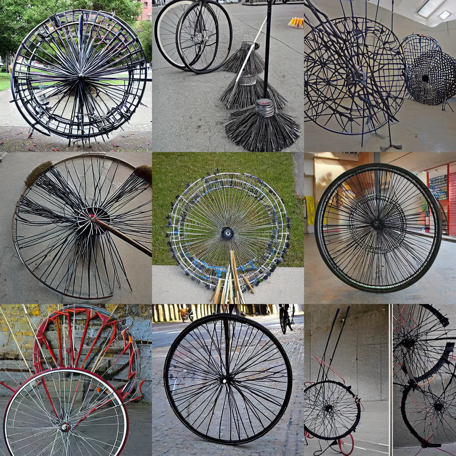Prompt: Installation Art made of bicycle wheels and broom sticks