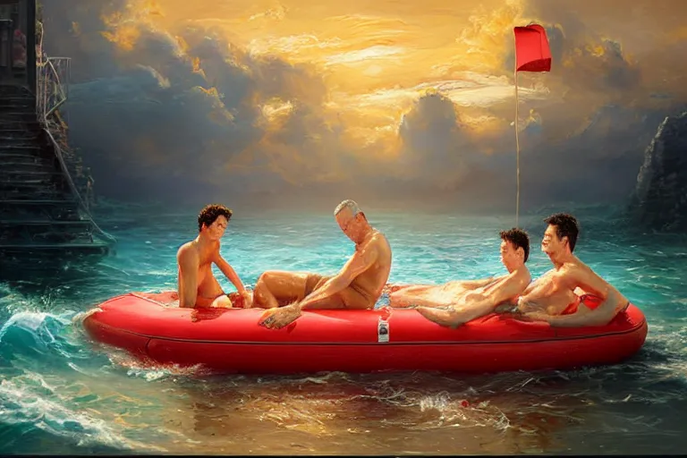 Image similar to tom hanks swimming in lasagna, meg ryan life guard, an oil painting by ross tran and thomas kincade