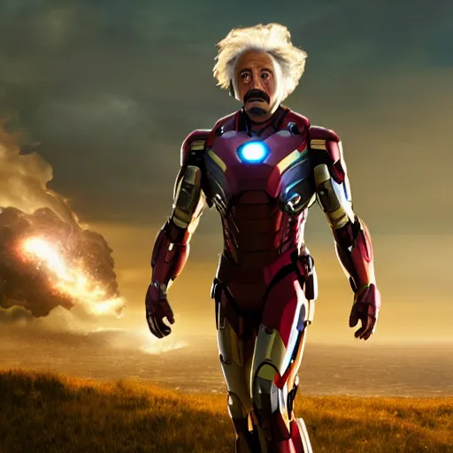 Image similar to albert einstein as tony stark in ironman, cinematic lighting, dramatic, octane render, long lens, shallow depth of field, bokeh, anamorphic lens flare, 8 k, hyper detailed, 3 5 mm film grain