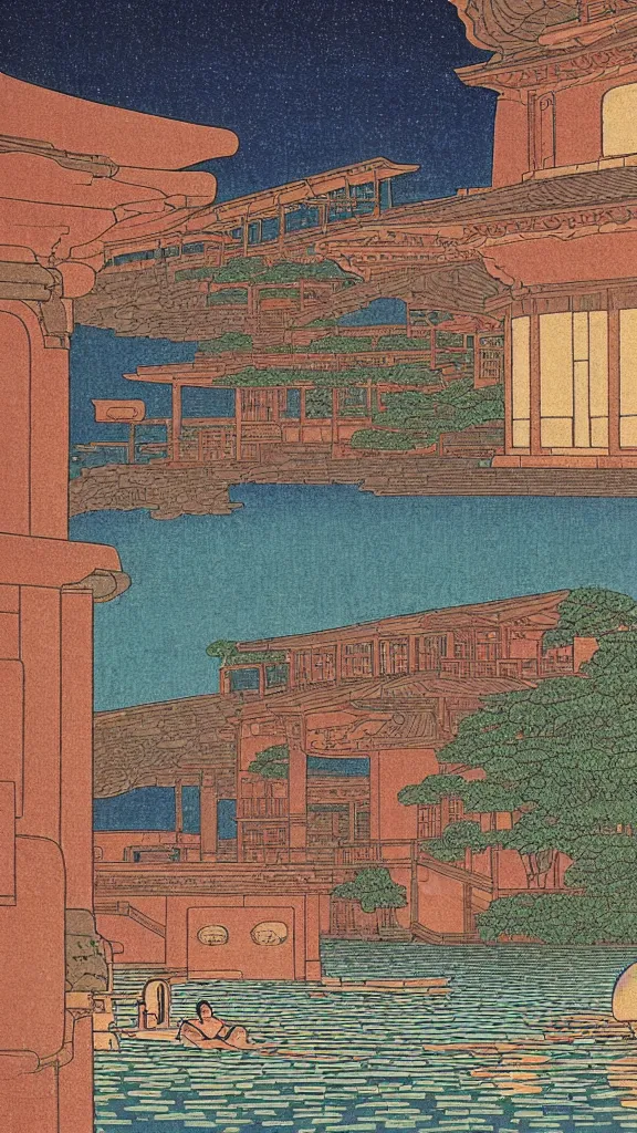 Image similar to a beautiful ancient bathhouse with a bathing alien creature at sunrise by hasui kawase