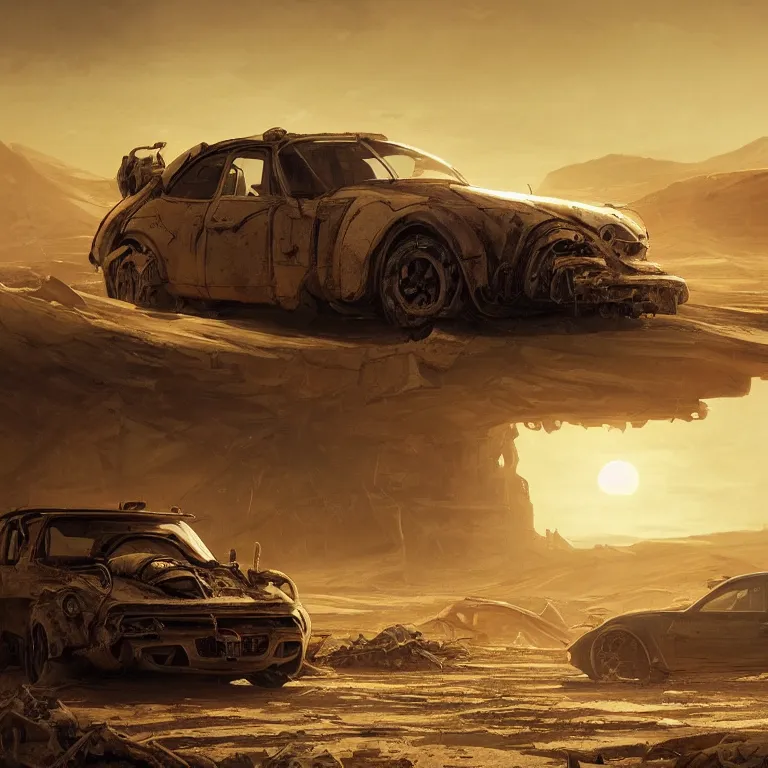 Prompt: A car trudging across a vast desert under an unrelenting sun. award winning. superb resolution. in the art style of greg rutkowski and alphonse mucha. Detailed post-apocalyptic wasteland in background. Hyper realistic. Perfect art.