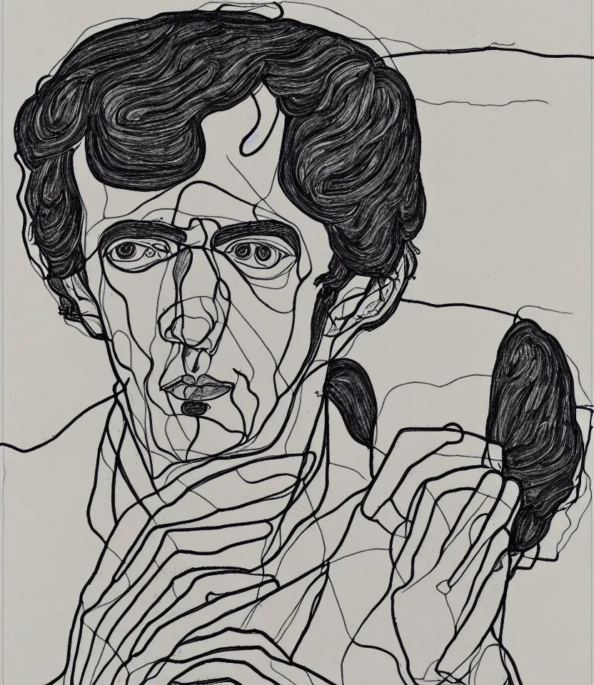 Image similar to elegant line art portrait of frederic chopin. inspired by egon schiele. contour lines, musicality, twirls and curves, strong personality