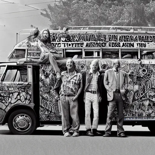 Image similar to a hyperrealistic portrait of Ken Kesey and The Merry Pranksters in front of the psychedelic Furthur bus, trending on artstation”