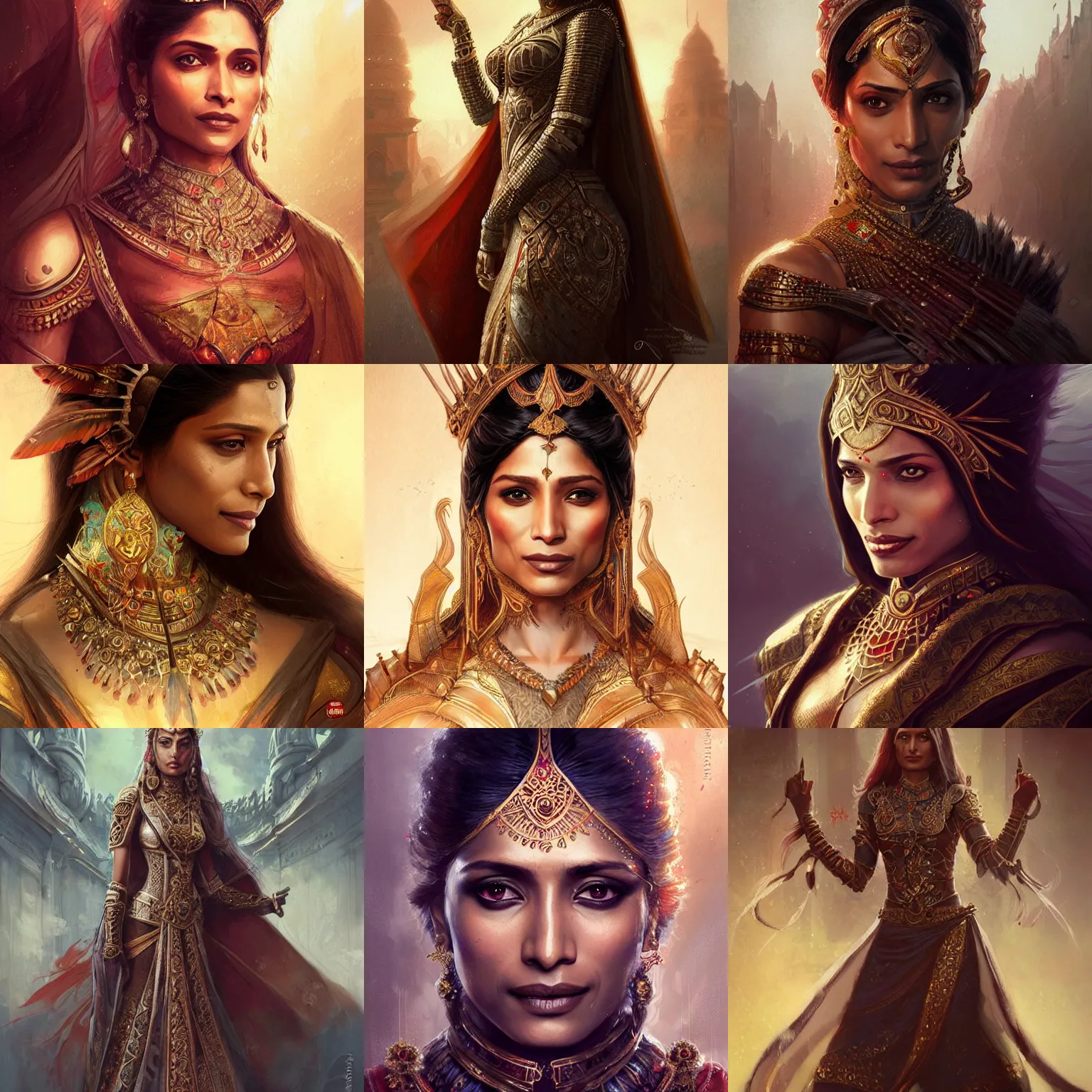 Prompt: indian empress, freida pinto, art by artgerm and greg rutkowski and magali villeneuve, intricate renaissance armor, portrait, highly detailed, headshot, intricate, elegant, digital painting, trending on artstation, concept art, sharp focus, illustration