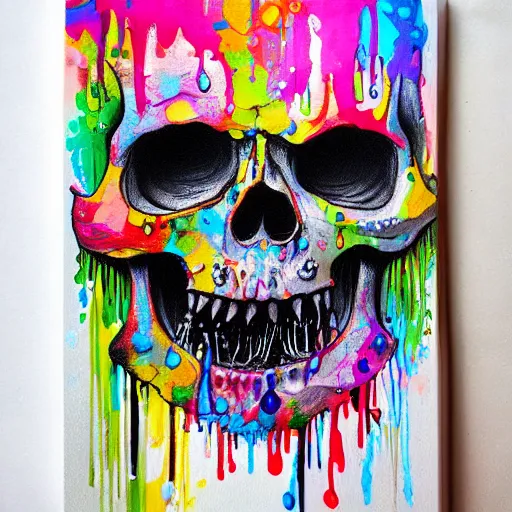 Image similar to drippy, dripping paint, skull, trippy, happy, miyazaki style, exaggerated accents