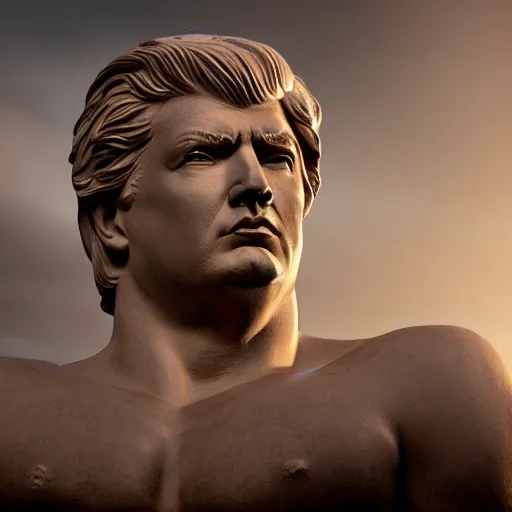 Image similar to Donald trump as a Greek god statue, realistic artstyle, wide shot, dramatic lighting, octane render, hyperrealistic, high quality, highly detailed, HD, beautiful, cinematic, 8k, unreal engine, facial accuracy, symmetrical