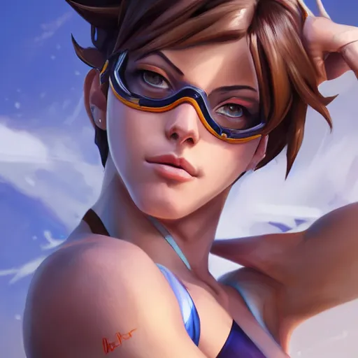 Image similar to a highly detailed portait of tracer from overwatch in a bikini, digital art, pretty face, muscular, very beautiful face, very detailed eyes, 8 k resolution, by wlop, greg rutkowski, full body