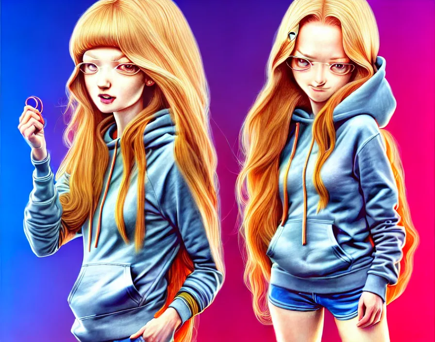 Image similar to richly detailed colored pencil 3D illustration of a beautiful polish woman with long metallic hair wearing a hoodie and short shorts that is evil and happy. mirrored background with completely rendered reflections, art by Range Murata and Artgerm.