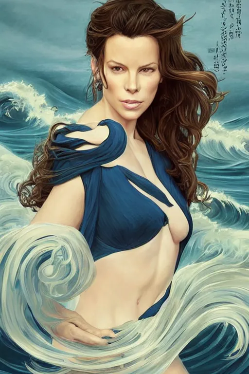 Image similar to kate beckinsdale as a heroine with a dress inspired by the great wave off kanagawa, digital painting, artstation, concept art, smooth, sharp focus, illustration, art by artgerm and donato giancola and Joseph Christian Leyendecker, Ross Tran, WLOP