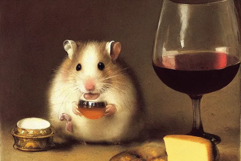 Prompt: still life of a hamster with a glass of wine and cheese, by rembrandt, masterpiece, detailed, epic