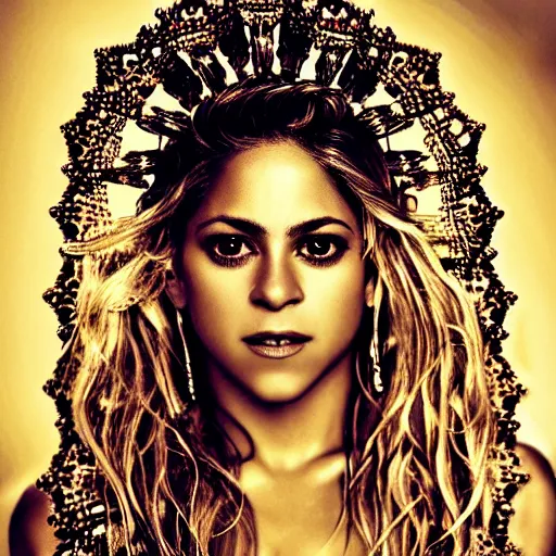 Image similar to beautiful very detailed portrait of Shakira with lots of jewelry, digital art , photos by Annie Leibovitz, moody, models by 500px, dramatic cinematic lighting rendered by octane, 8k, detailed, intricate, clean and textures, trending on artstation, deviantart google images, pinterest