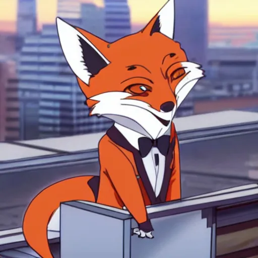 Image similar to key anime visual of an anthropomorphic fox, wearing a tuxedo on a city rooftop at sunrise, modern anime style, official anime still