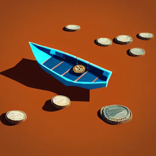 Image similar to boat in the dessert filled with coin and jewl collectables, game concept, low poly, horizontal view perspective