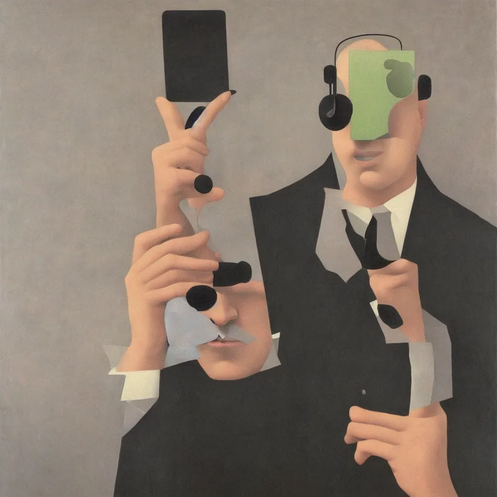 Image similar to i, a man wearing headphone and playing his iphone, by rene magritte