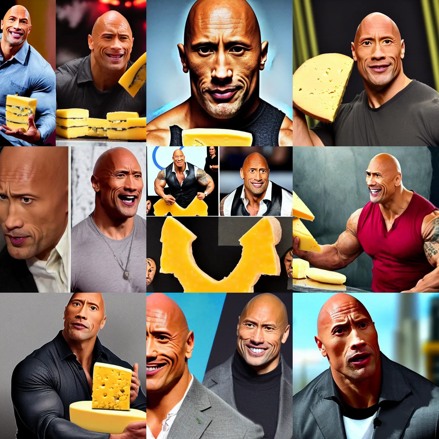 Prompt: dwayne the rock johnson is afraid of cheese