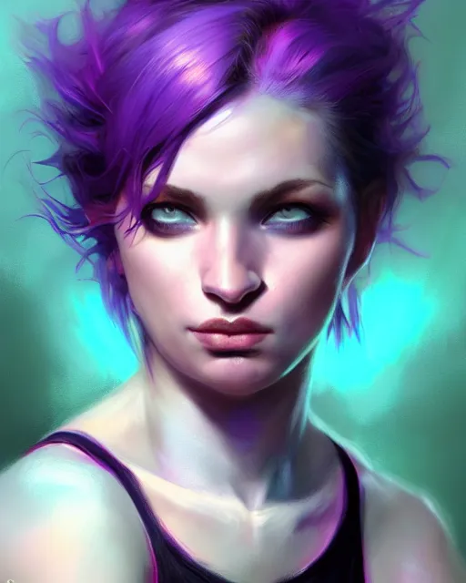 Prompt: cute female punk, perfect face, black halter top, purple hair, abs, cinematic, stunning, athletic, strong, agile, highly detailed, psychedelic, digital painting, artstation, smooth, hard focus, illustration, art by jessica rossier and and brian froud