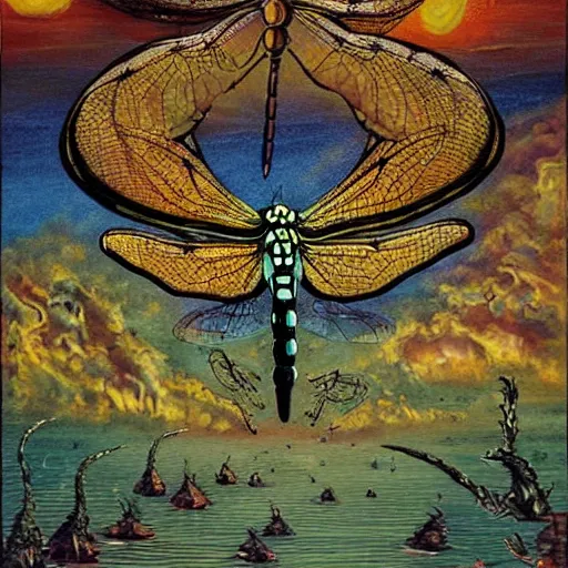 Prompt: the dragonflies rule over the earth, a detailed painting, horror