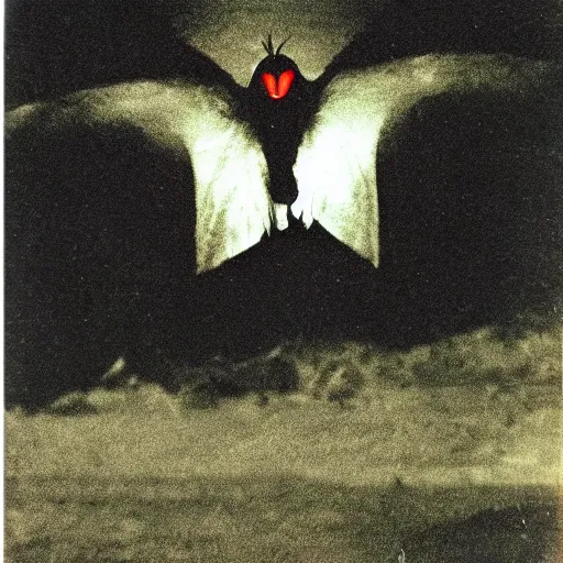 Image similar to Polaroid photo of Mothman flying, detailed, with red eyes, dark, brooding, scary