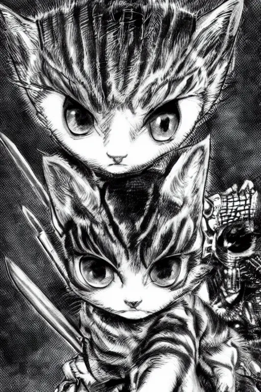 Image similar to Baby Kitten as a knight, highly detailed, black and white, manga, art by Kentaro Miura