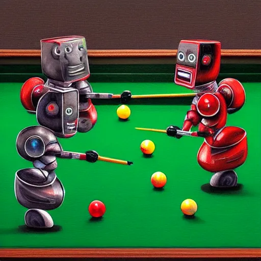 Prompt: robots playing snooker. Digital art, extremely detailed.