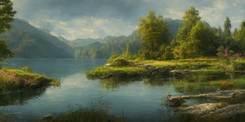 Image similar to a beautiful lake landscape in summer, by Ernest deutsch + Ted Nasmith, cinematic lighting, masterpiece, highly detailed, 8k resolution, trending on art station