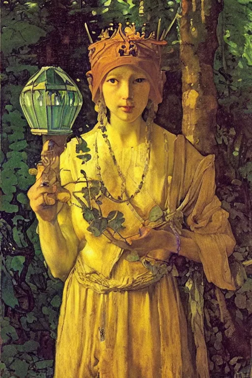 Image similar to queen of the forest with her lantern by Annie Swynnerton and Nicholas Roerich and Vermeer, strong dramatic cinematic lighting , ornate headdress , lost civilizations, smooth, sharp focus, extremely detailed