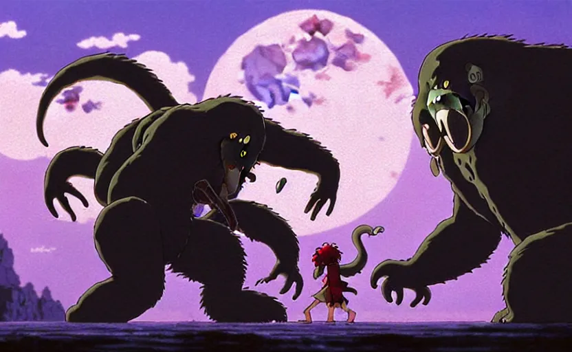Prompt: a still from a studio ghibli movie of a cartoon cthulhu fighting king kong from princess mononoke ( 1 9 9 7 ), in front of a pale full moon, full body, wide shot, very dull muted colors, studio ghibli, highly detailed, deviantart, art by artgem
