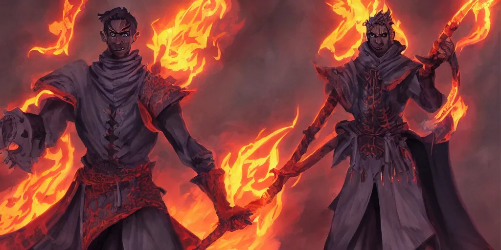 Image similar to dungeons and dragons official art of male fire genasi wizard with pitch black skin, flaming red hair, glowing orange eyes, wearing black wizard robes, smug smile, holding a wooden staff, official print, book cover art