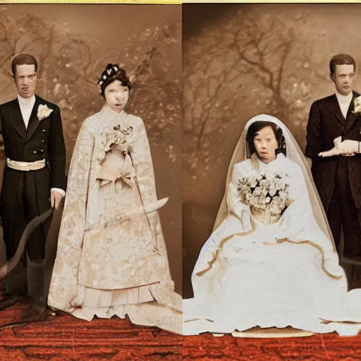 Image similar to a wide full shot, colored russian and japanese mix historical fantasy of a photograph taken of a royal wedding opening remarks, photorealistic, warm lighting, 1 9 0 7 photo from the official wedding photographer for the royal wedding.