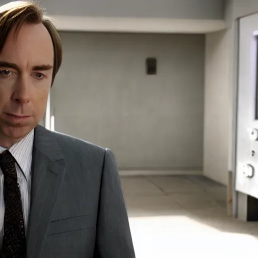 Image similar to Jimmy McGill or Saul Goodman is chimp with a machine gun, still from Breaking Bad,