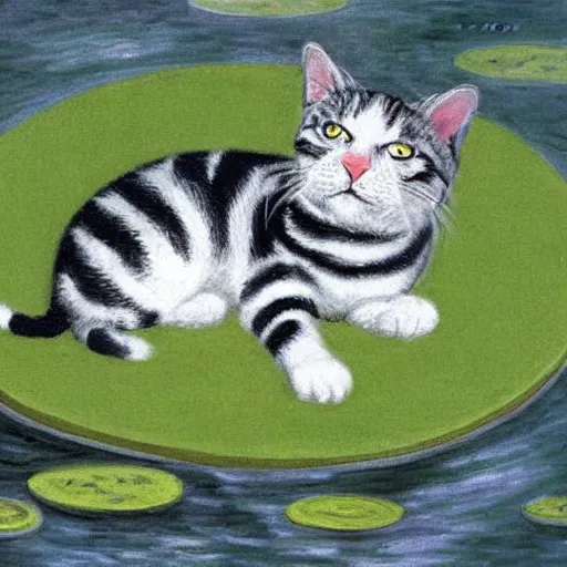 Prompt: a white black and grey tabby cat with a black and grey striped head, stretching on a lilypad floating on a lake, in the style of Water Lilies painting by Monet