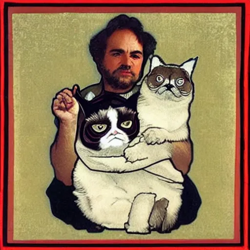 Image similar to “ george costanza holding grumpy cat, sitting on velvet couch, very detailed, by alphonse mucha ”