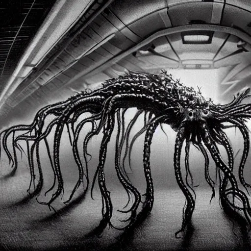 Image similar to a realistic extreme wide establishing shot 30mm cinematic movie like color film full body photograph of a dangerous shape shifting alien creature, with multiple mutated human faces, spewing long worm-like spiney tendrils out of its snarling mouth, with a grotesque variety of human and animal limbs protruding from its lower torso under the dreary fluorescent lights of a military lab in the style of an horror film, trending on art station, in the style of John Carpenter's The Thing 1982