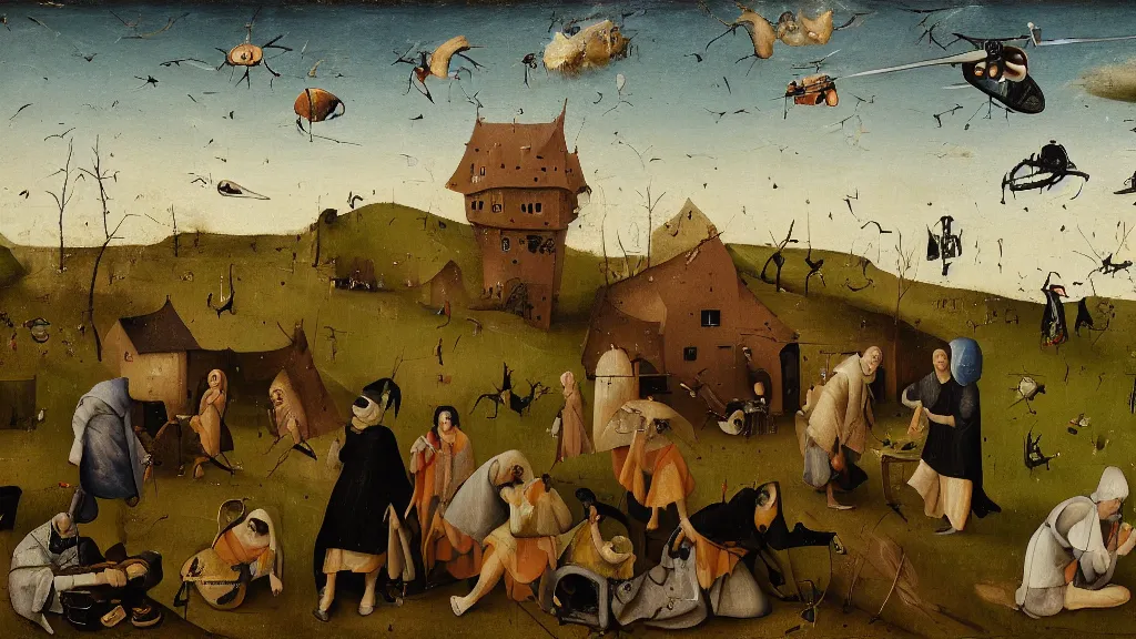 Prompt: a drone attack to innocent villager, in the fashion of Hieronymus Bosch, oil on canvas, painting, 4k, wide shot