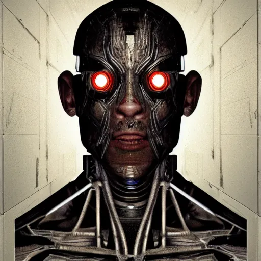 Image similar to mugshot photo of an ugly criminal, cyborg, (((high tech, cyberpunk))), ((very coherent symmetrical artwork, cinematic, hyper realism, high detail, 8k))