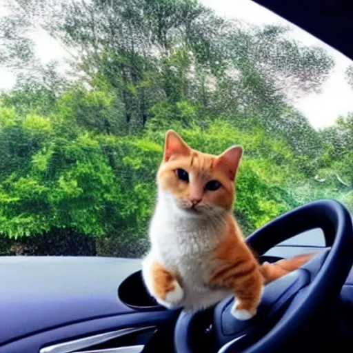 Image similar to a beautiful cat is driving a car