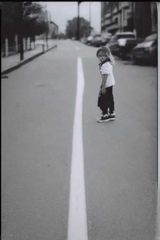 Image similar to polaroid photo of sad and lonely child in the middle of an empty street in a big city, tecnica collodio umido, photorealistic, 35mm film, lens 85mm, f2.8, black and white, polaroid, view camera.