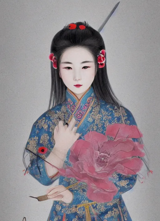 Prompt: yu ji, a beauty from the ancient chinese state of chu, killed herself with a sword, and a poppy flower grew out of the pool of blood, gloomy weather, lightning from above, volatile weather, chaos mysterious, ultra - realistic, super - resolution, ultra - hd, insanely detailed, super detailed