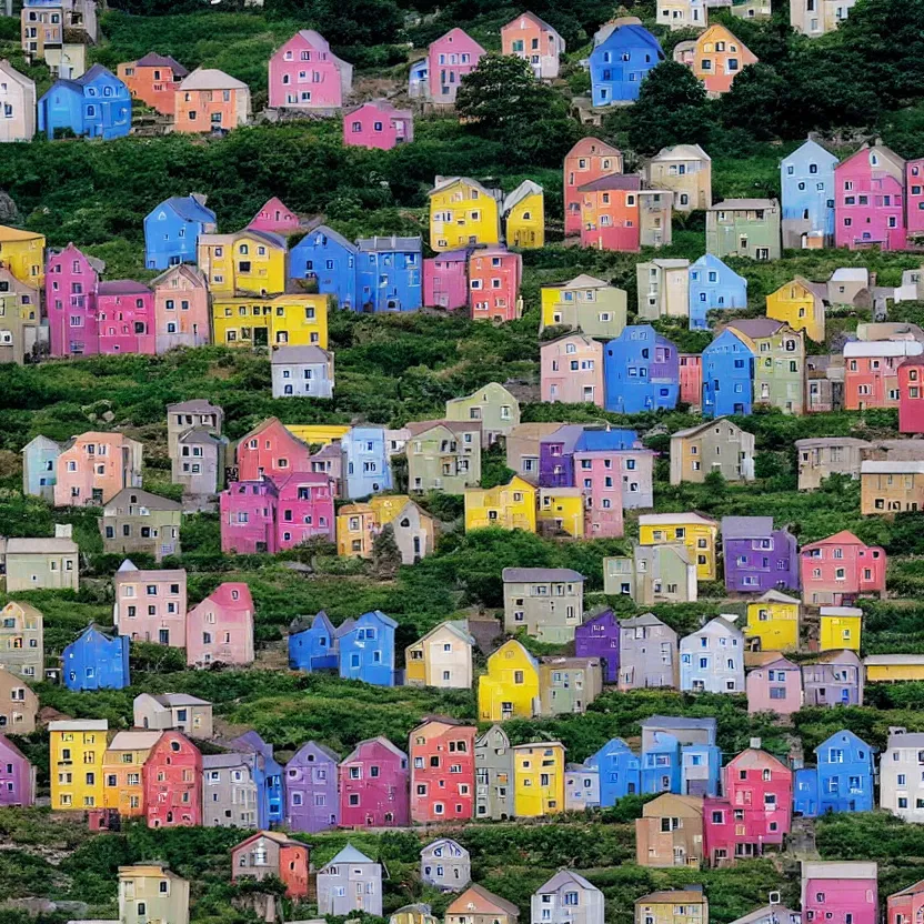Image similar to little boxes on the hillside little boxes made of ticky tacky little boxes on the hillside little boxes all the same there's a pink one and a green one and a blue one and a yellow one